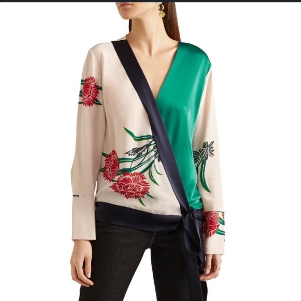 Diane von Furstenberg Silk Ivory Magenta Teal Navy Bohemian Floral Wrap Blouse S